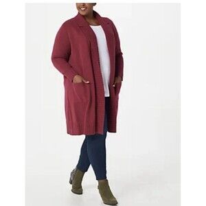 NWOT Isaac Mizrahi Live! Open Front Collar Long Cardigan Sweater- Sangria Red 1X